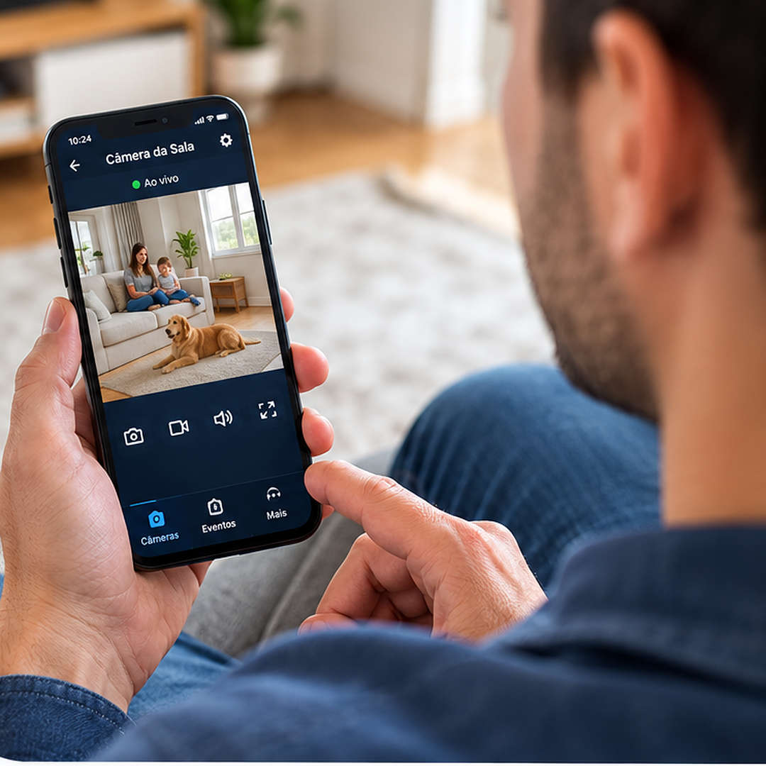 Pessoa utilizando um celular para acompanhar imagens de segurança remotamente